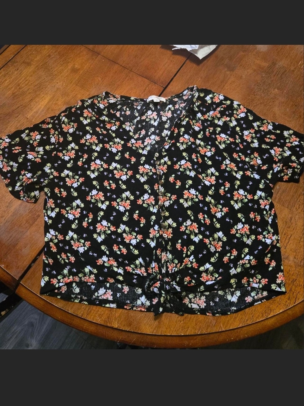 Ultra Flirt Black Floral Tie-Front Short Sleeve Top